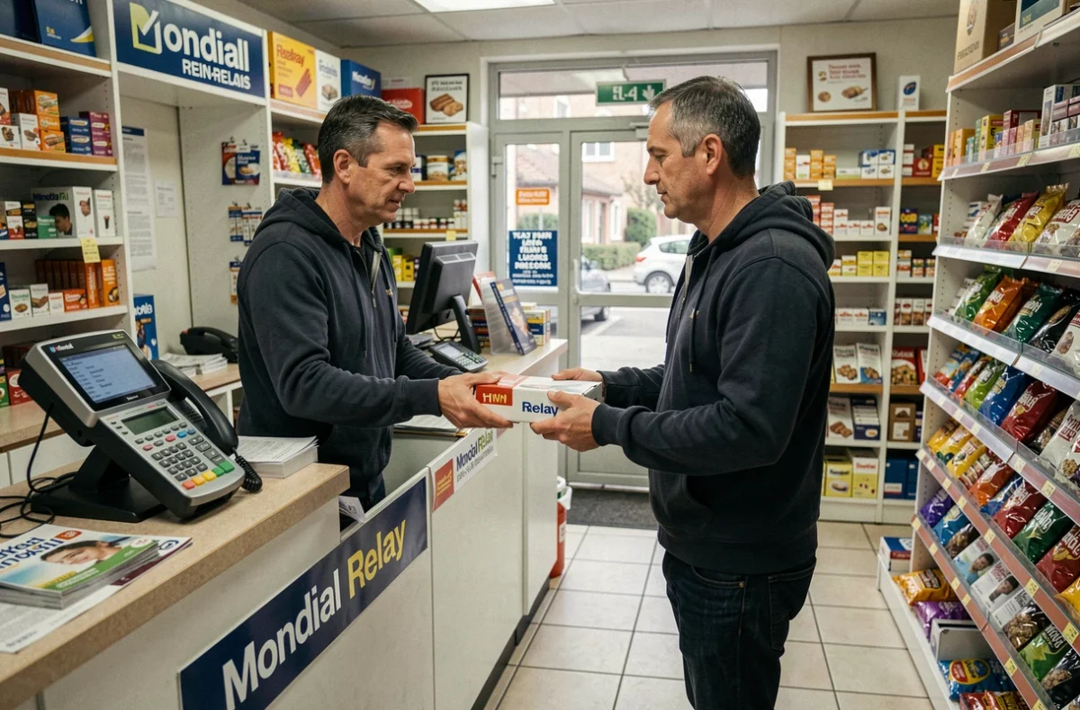 Homme déposant un colis dans un point relais Mondial Relay en bureau de tabac