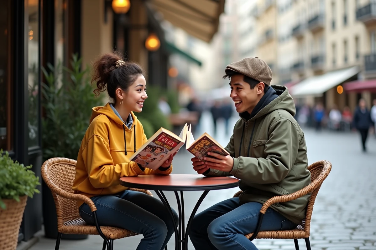 Deux jeunes adultes discutant de la qualité de traduction de chapitres de manga en terrasse de café parisien