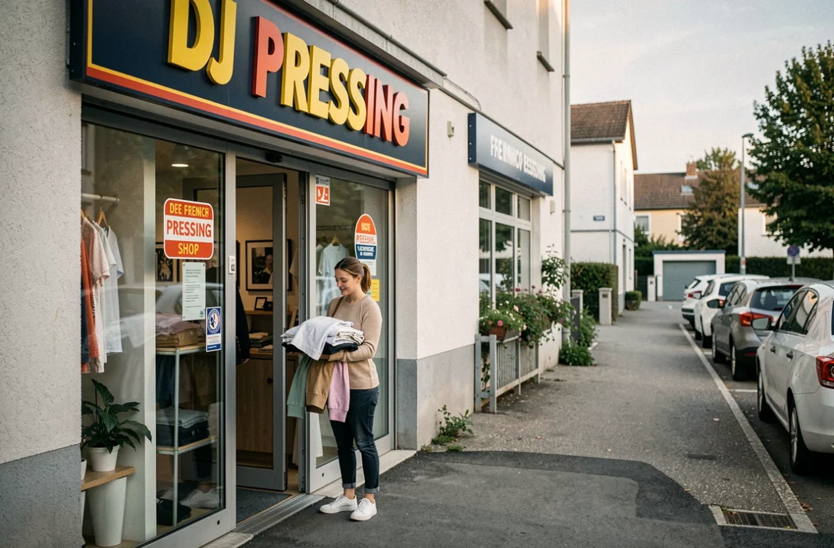 Entrée du DJ Pressing en Essonne avec une cliente portant des vêtements à nettoyer