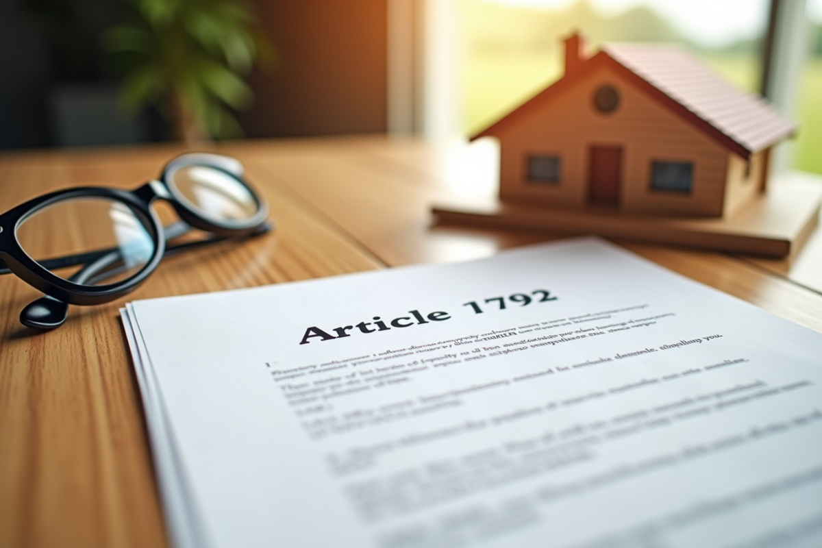 Document juridique article 1792 avec maquette de maison sur bureau