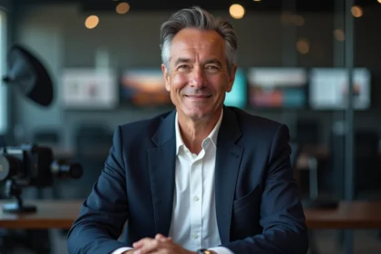 David Doukhan, figure médiatique française, assis dans un studio de radio ou de télévision moderne, portrait éditorial professionnel
