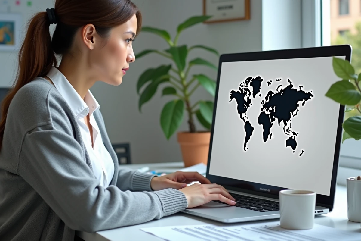 Femme consultant les droits et licences d'une carte du monde vierge sur un ordinateur portable dans un bureau à domicile