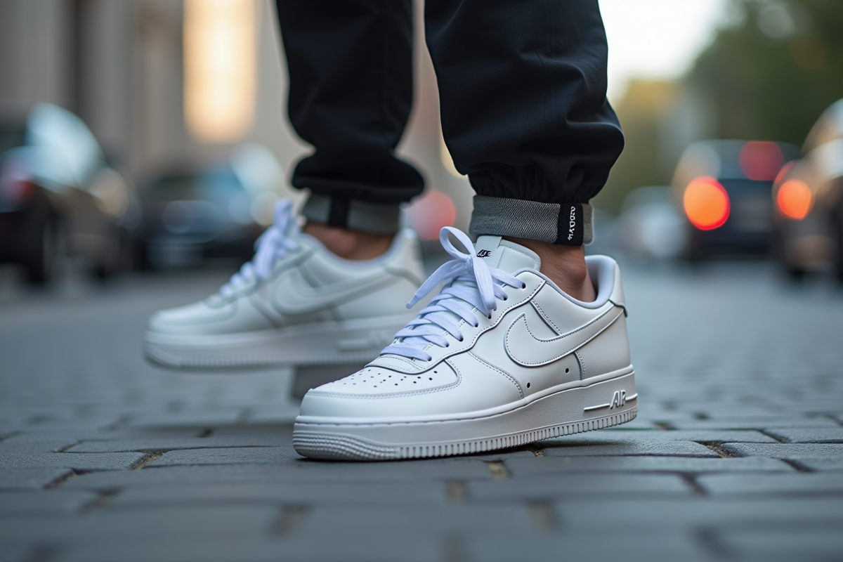 Gros plan sur des sneakers Air Force 1 sur trottoir en plein jour