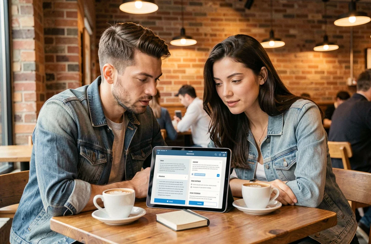 Deux personnes consultant ensemble un guide de navigation sur tablette dans un café urbain