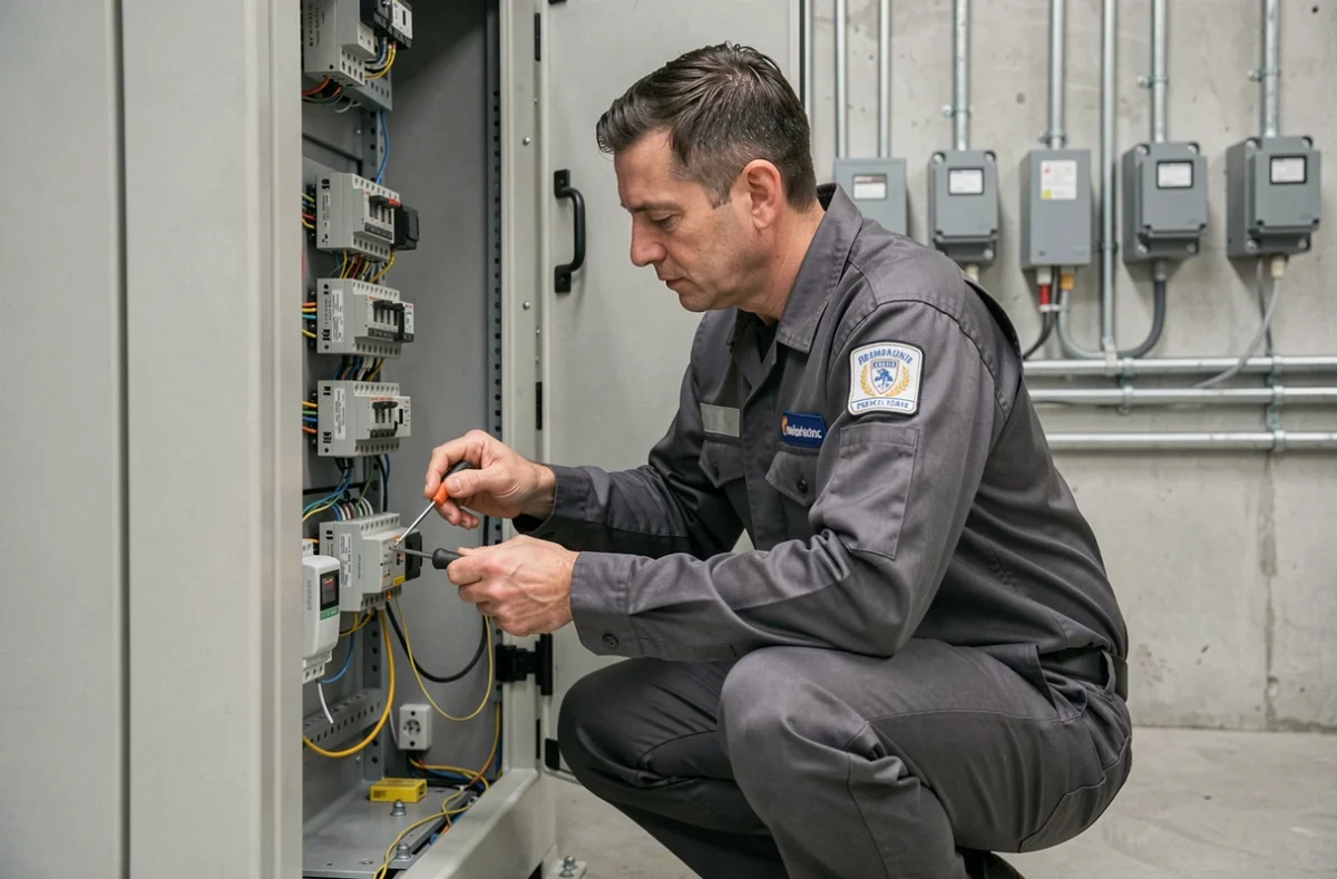 Technicien en électricité régulation et automatismes travaillant sur un armoire de contrôle industrielle à Montreuil
