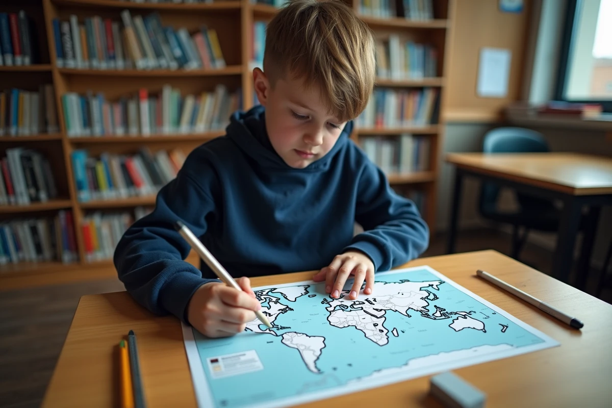 Élève adolescent complétant une carte du monde vierge à son bureau dans une bibliothèque scolaire