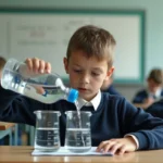 Élève de primaire versant de l'eau dans des béchers gradués en centilitres lors d'un exercice de conversion de mesures en classe