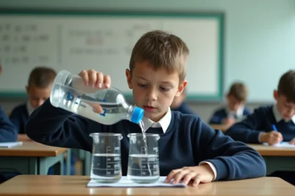 Élève de primaire versant de l'eau dans des béchers gradués en centilitres lors d'un exercice de conversion de mesures en classe