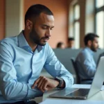 Employé musulman consultant les horaires de prières à Narbonne depuis son bureau tout en gérant son agenda professionnel