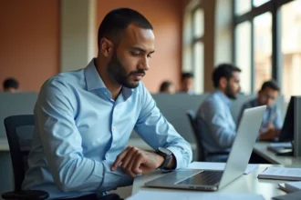 Employé musulman consultant les horaires de prières à Narbonne depuis son bureau tout en gérant son agenda professionnel