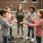 Groupe d'enfants riant et chantant une comptine en cercle dans une cour de récréation