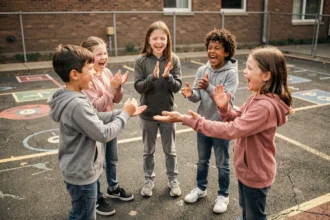 Groupe d'enfants riant et chantant une comptine en cercle dans une cour de récréation