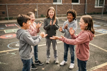 Groupe d'enfants riant et chantant une comptine en cercle dans une cour de récréation
