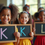 Groupe d'enfants ethniques avec tableaux aux noms rares K