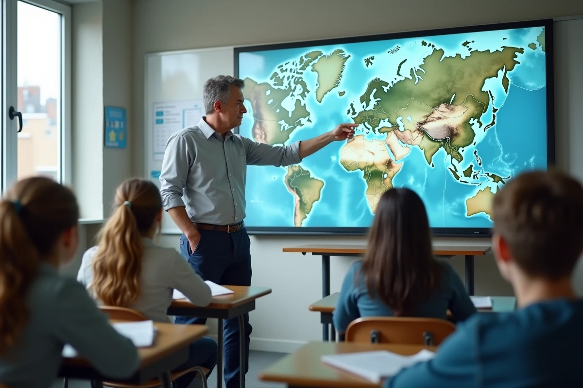 Enseignant utilisant le Geoportail sur tableau interactif pour un cours de géographie devant des lycéens
