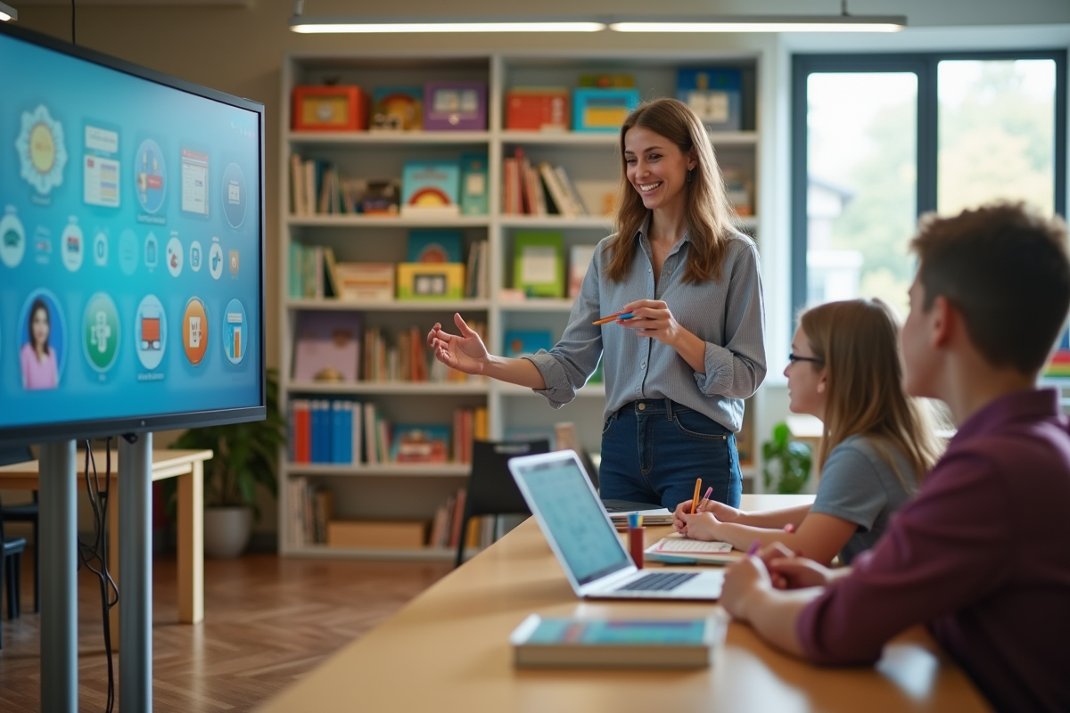 Enseignante devant un tableau interactif avec des élèves