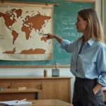 Enseignante pointant une carte du monde vierge affichée dans une salle de classe lors d'un cours de géographie