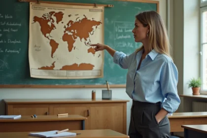 Enseignante pointant une carte du monde vierge affichée dans une salle de classe lors d'un cours de géographie