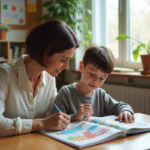 Enseignante aidant un élève dans une classe chaleureuse