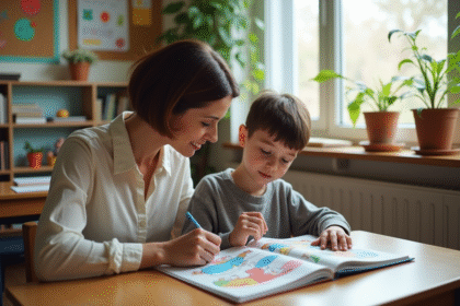 Enseignante aidant un élève dans une classe chaleureuse