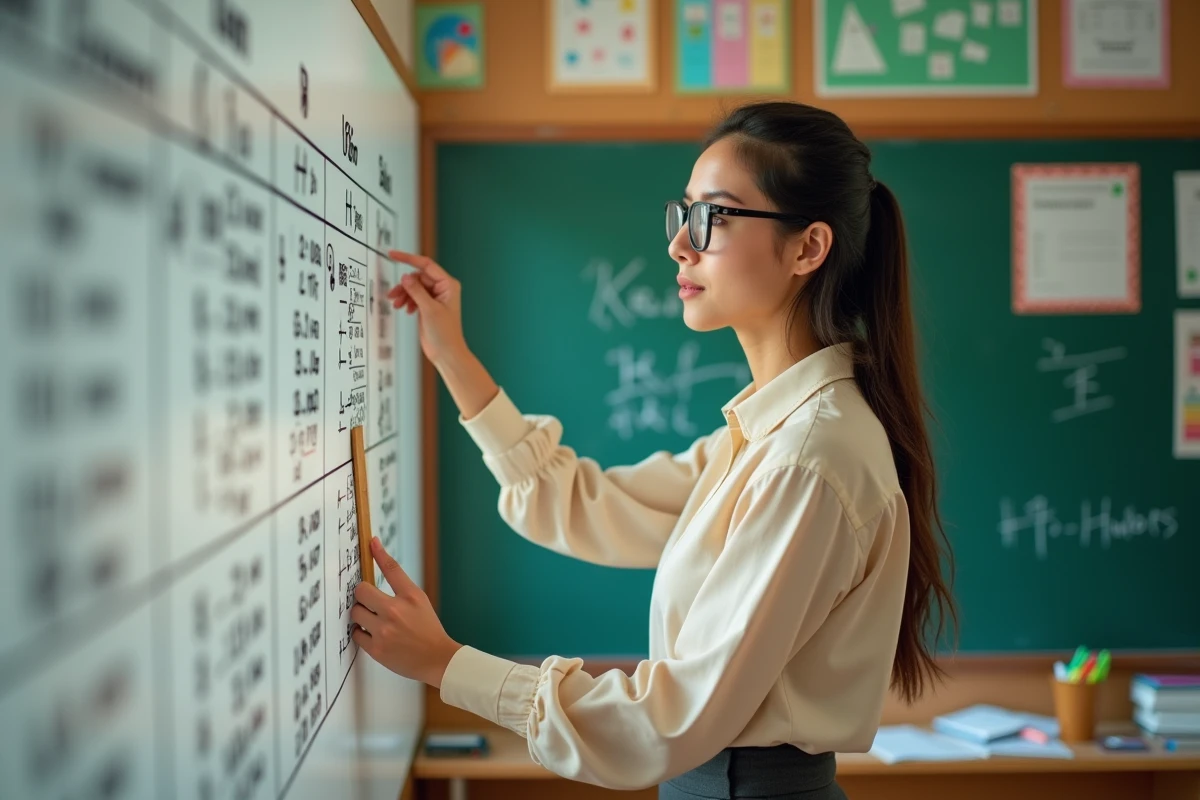 Enseignante pointant un tableau de conversion litres et centilitres au tableau dans une salle de classe de mathématiques