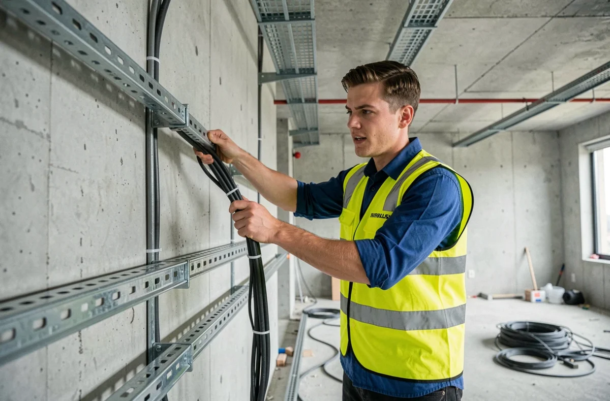 Électricien EPLS tirant des câbles dans une goulotte lors d'un chantier commercial à Montreuil