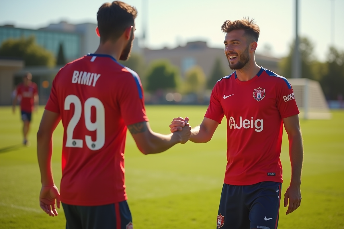 Deux joueurs d'Amiens SC lors d'un entraînement ensoleillé