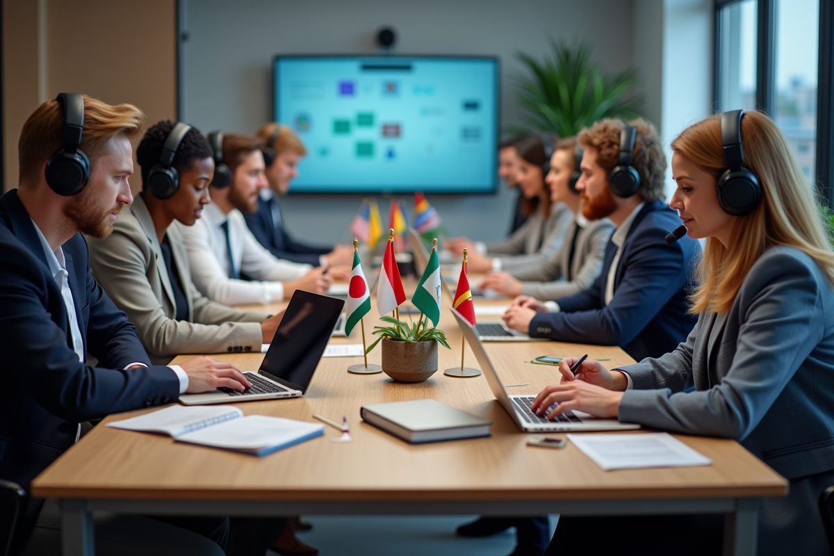 Groupe de professionnels collaborant sur un projet de traduction