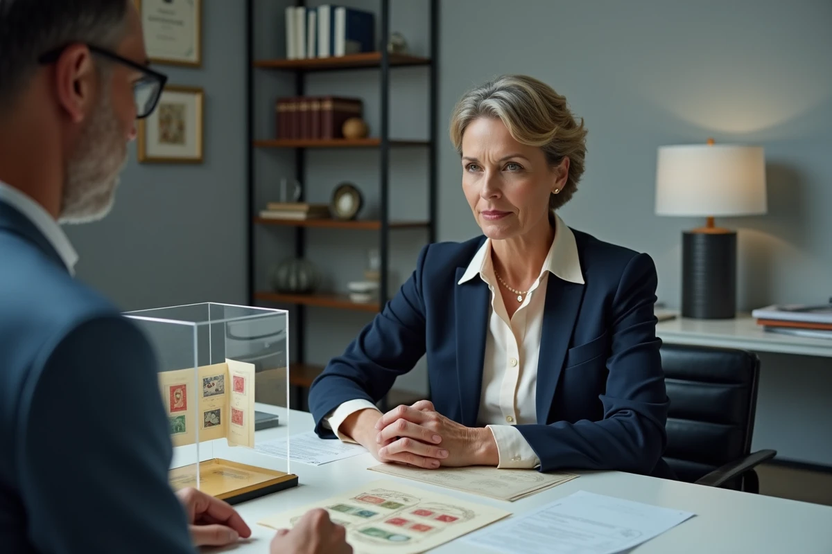 Une femme discute de l'estimation de timbres rares avec un expert philatéliste dans un bureau d'enchères, pour éviter de brader un héritage familial précieux