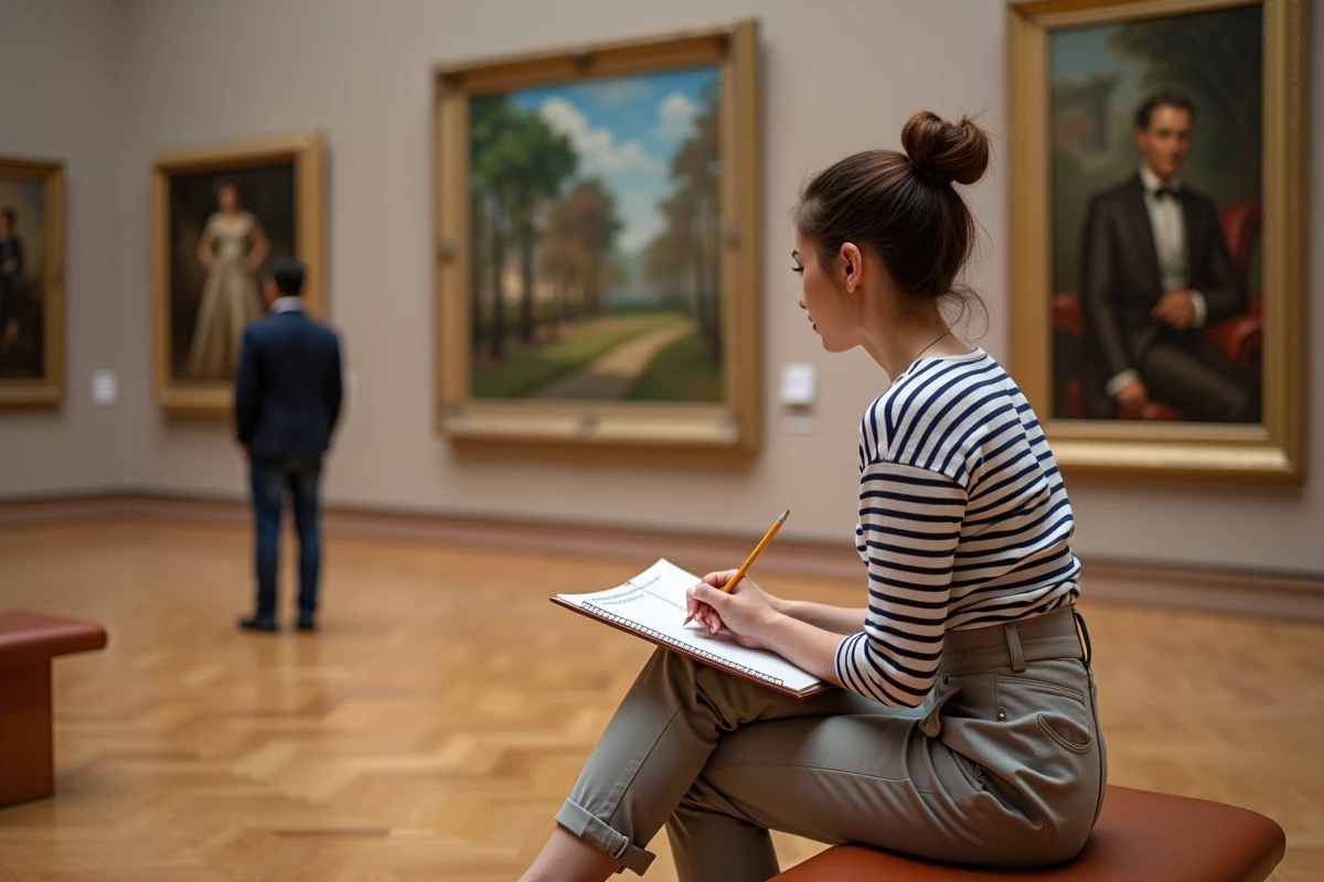 Jeune femme dessinant devant une peinture française du 20ème siècle dans un musée d'art
