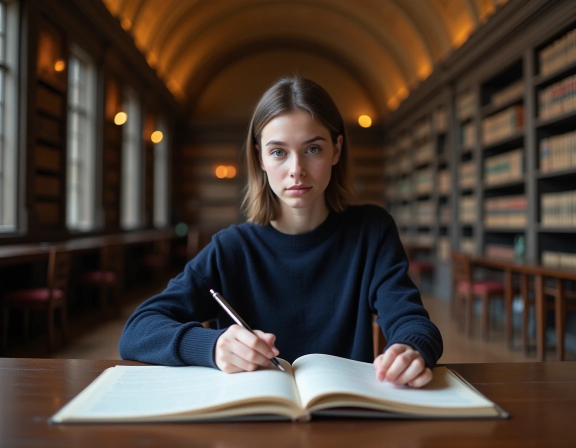 Étudiante en droit étudiant le code civil français dans une bibliothèque universitaire, recherchant les règles de caducité applicables aux contrats