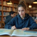 Étudiante consultant le Geoportail sur son ordinateur portable dans une bibliothèque universitaire avec une carte topographique