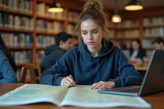 Étudiante consultant le Geoportail sur son ordinateur portable dans une bibliothèque universitaire avec une carte topographique