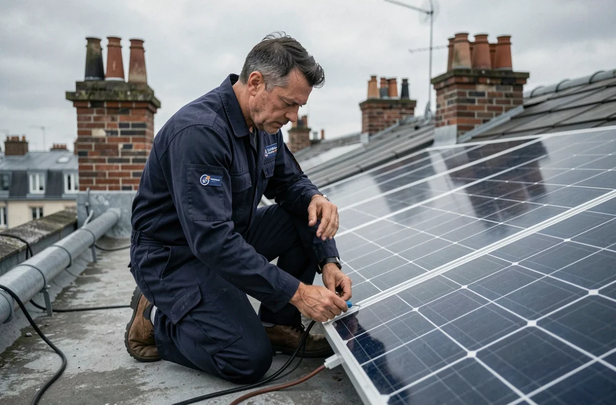 Électricien Euro Watt connectant des câbles sur une installation solaire en toiture à Montreuil