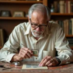Un homme âgé examine un timbre rare à la loupe dans une pièce remplie d'albums philatéliques, illustrant l'héritage familial de collection de timbres