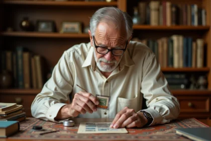 Un homme âgé examine un timbre rare à la loupe dans une pièce remplie d'albums philatéliques, illustrant l'héritage familial de collection de timbres