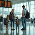 Famille à l'aéroport regardant le tableau des départs