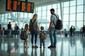 Famille à l'aéroport regardant le tableau des départs