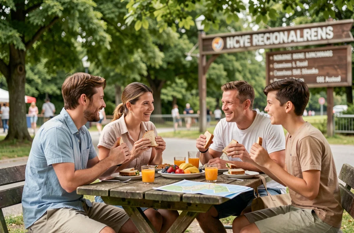 Famille déjeunant à l'extérieur près de l'entrée du parc de Bagatelle lors d'une journée d'été