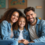 Famille recomposée souriante assise sur un canapé moderne