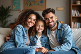 Famille recomposée souriante assise sur un canapé moderne