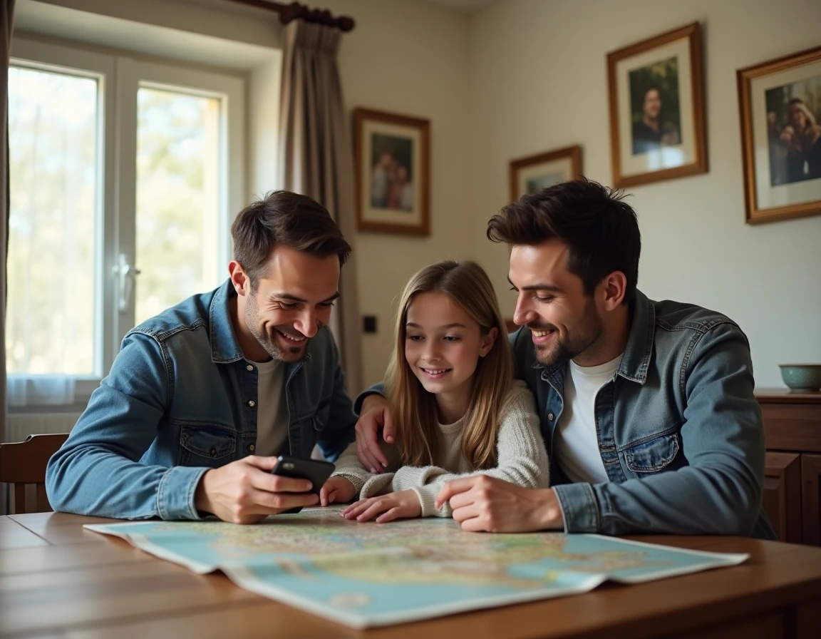 Famille réunie autour d'une table consultant un numéro avec indicatif 49 pour planifier un voyage