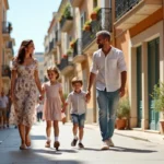 Famille se promenant dans une rue du quartier nord de Marseille avec des immeubles colorés en arrière-plan