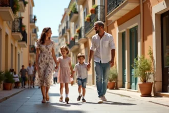 Famille se promenant dans une rue du quartier nord de Marseille avec des immeubles colorés en arrière-plan