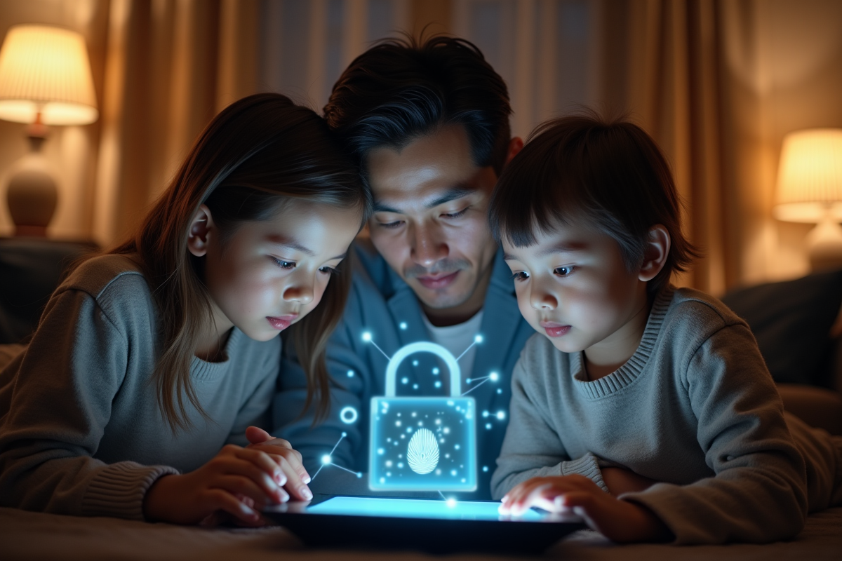 Famille utilisant une tablette avec hologrammes de sécurité à la maison