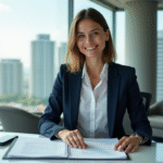 Femme d affaires en bureau moderne avec contrats immobiliers