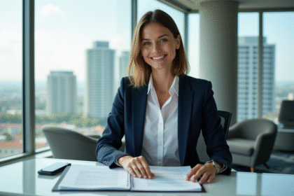 Femme d affaires en bureau moderne avec contrats immobiliers