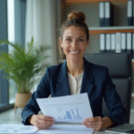 Femme d'affaires en costume navy tenant un rapport financier