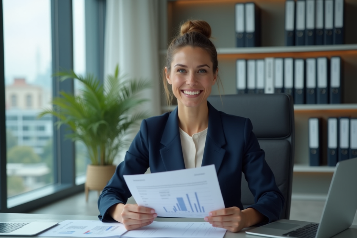 Femme d'affaires en costume navy tenant un rapport financier