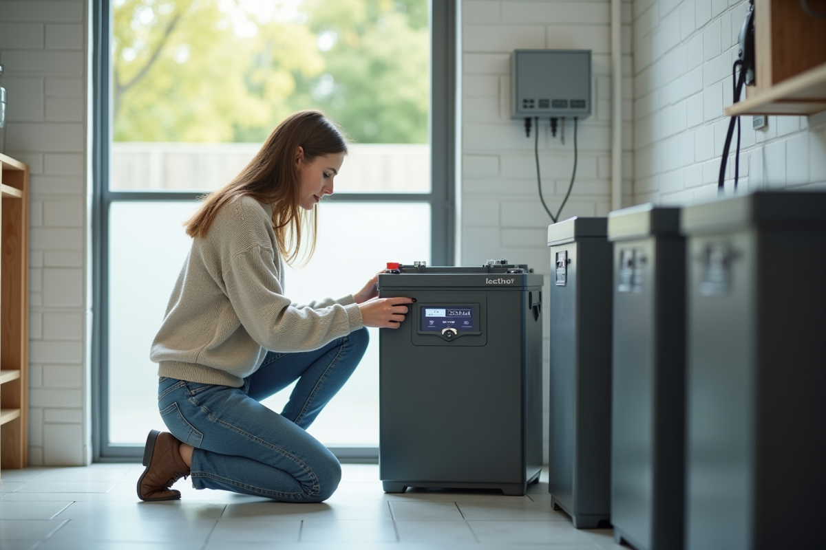 Jeune femme installant batteries solaires dans une maison moderne